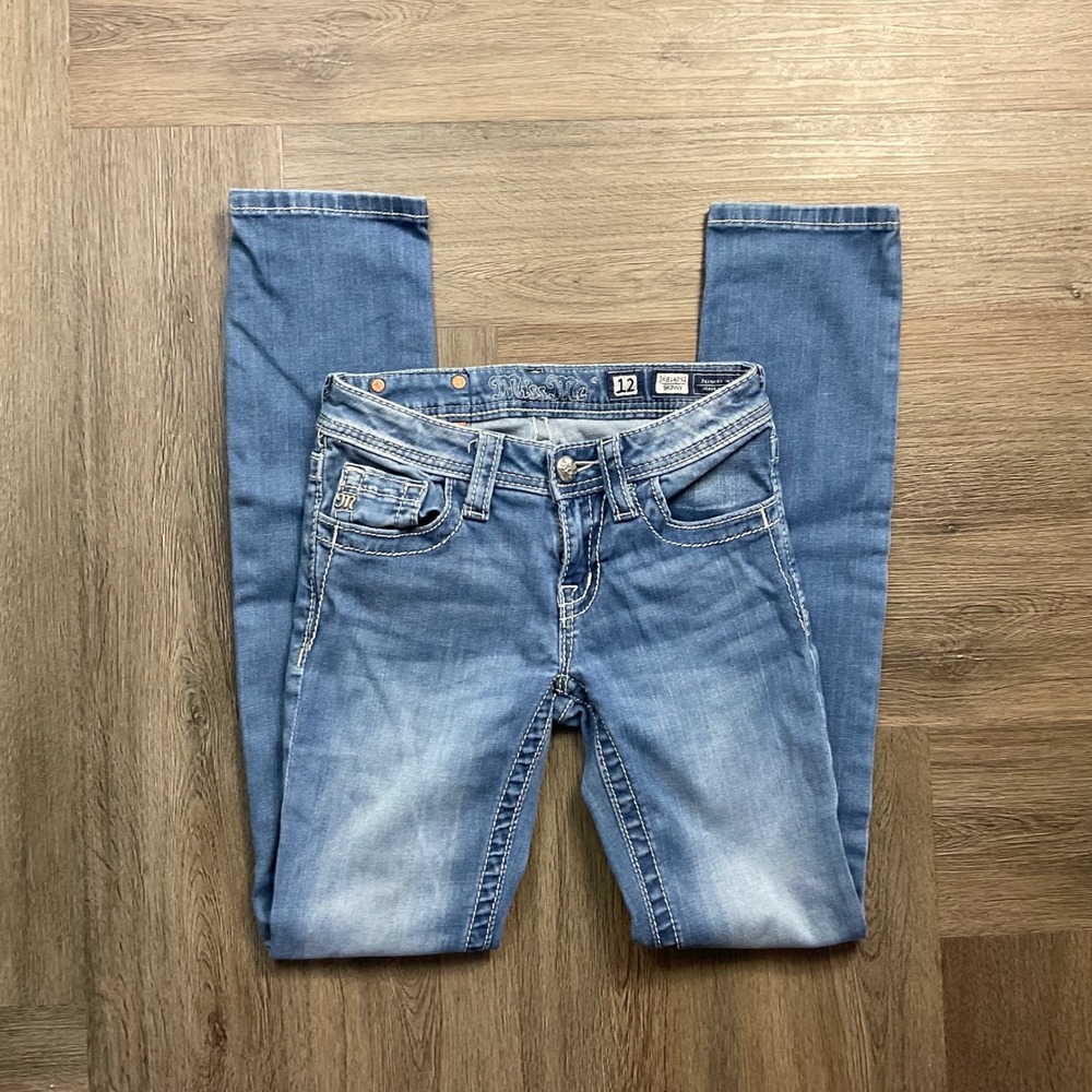 Miss Me Girls Low Rise Contrast Stitch Skinny Jeans 12 Medium Wash Blue Y2K Boho